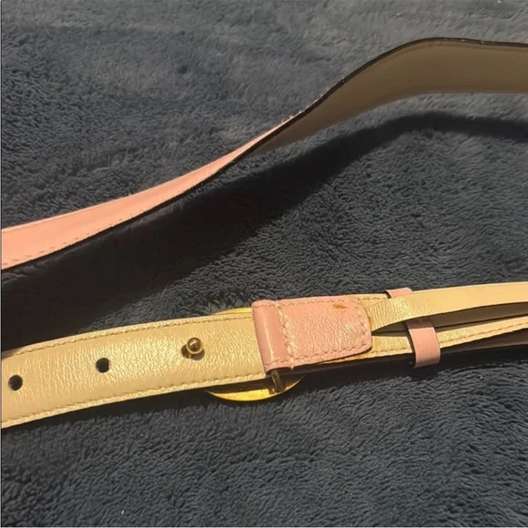 $500 CELINE Belt, Pink Leather, Gold-and-Silver Triomphe Buckle, Size 65 - Picture 8 of 9